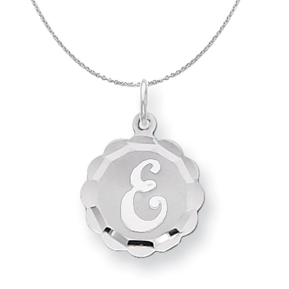 Silver, Sarah Collection 15mm Brocaded Disc Initial E Necklace - 16 In